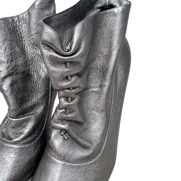 Manolo Blahnik Leather Gunmetal Peep Toe Ruched heel Booties women's sz 10.5 - Picture 5 of 11